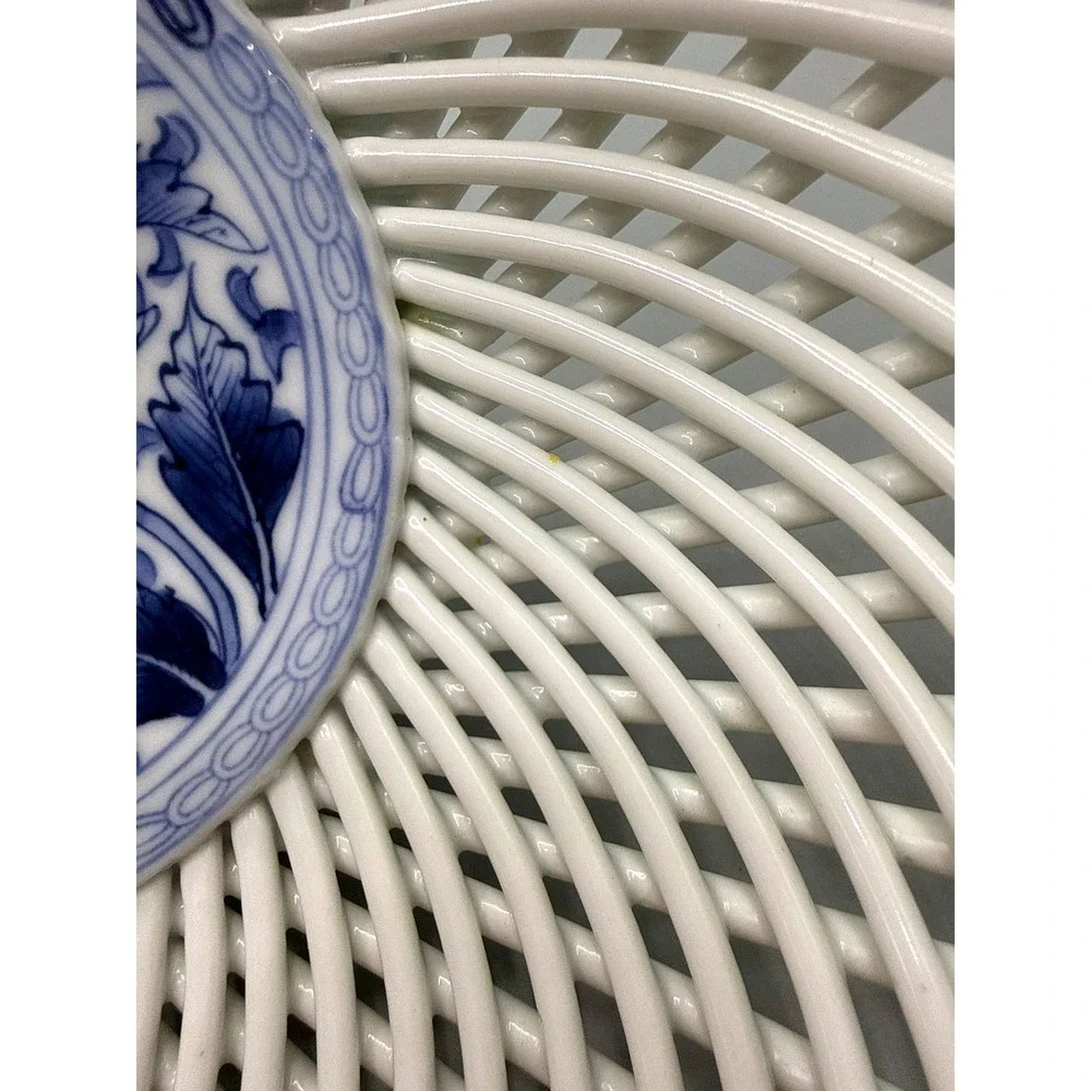 Hasimoto China Japan Blue White Reticulated Lattice Porcelain Floral Basket Bowl